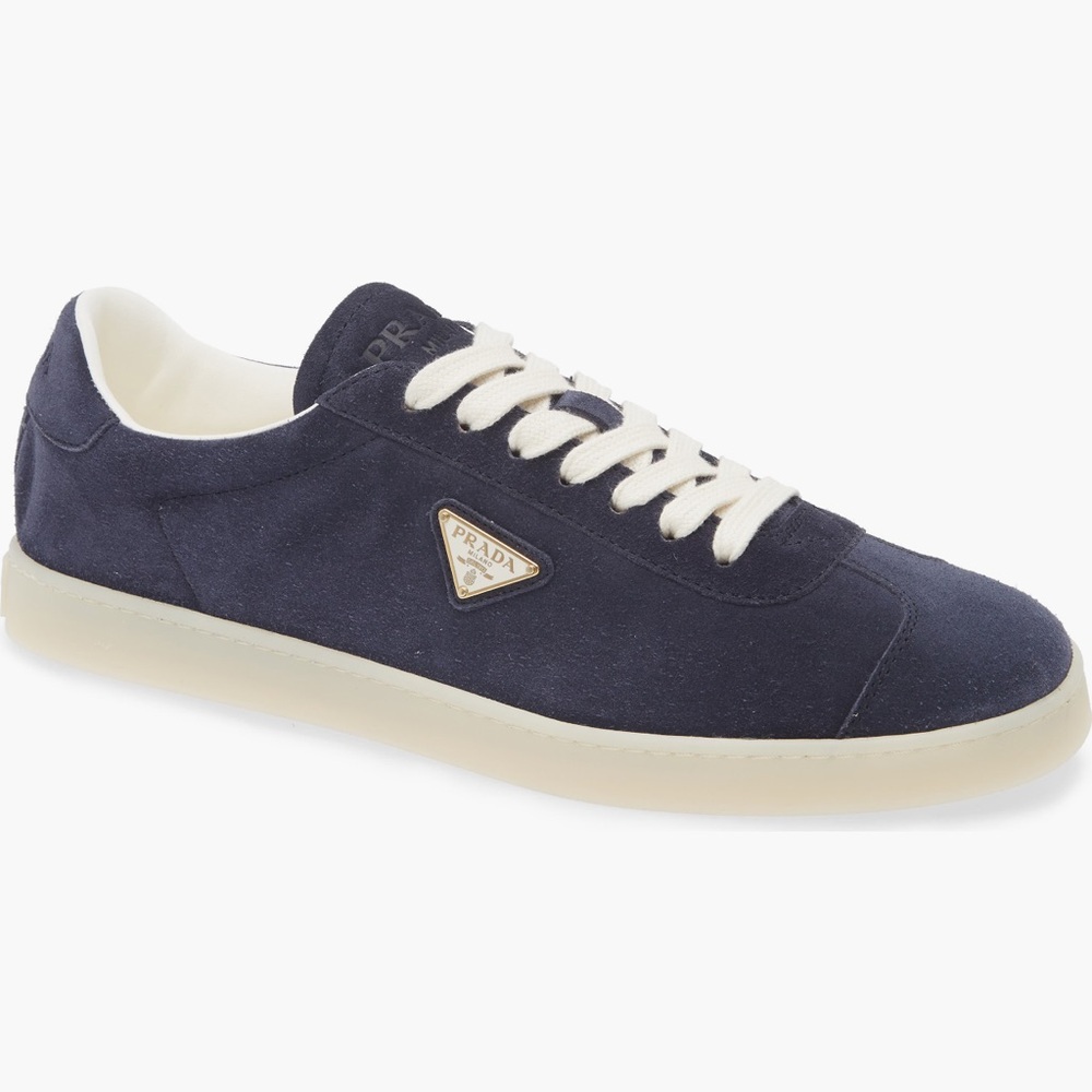 Prada Men’s Lane Triangle Logo Low Top Navy Suede Sneaker Italy New 12 UK, 13 US